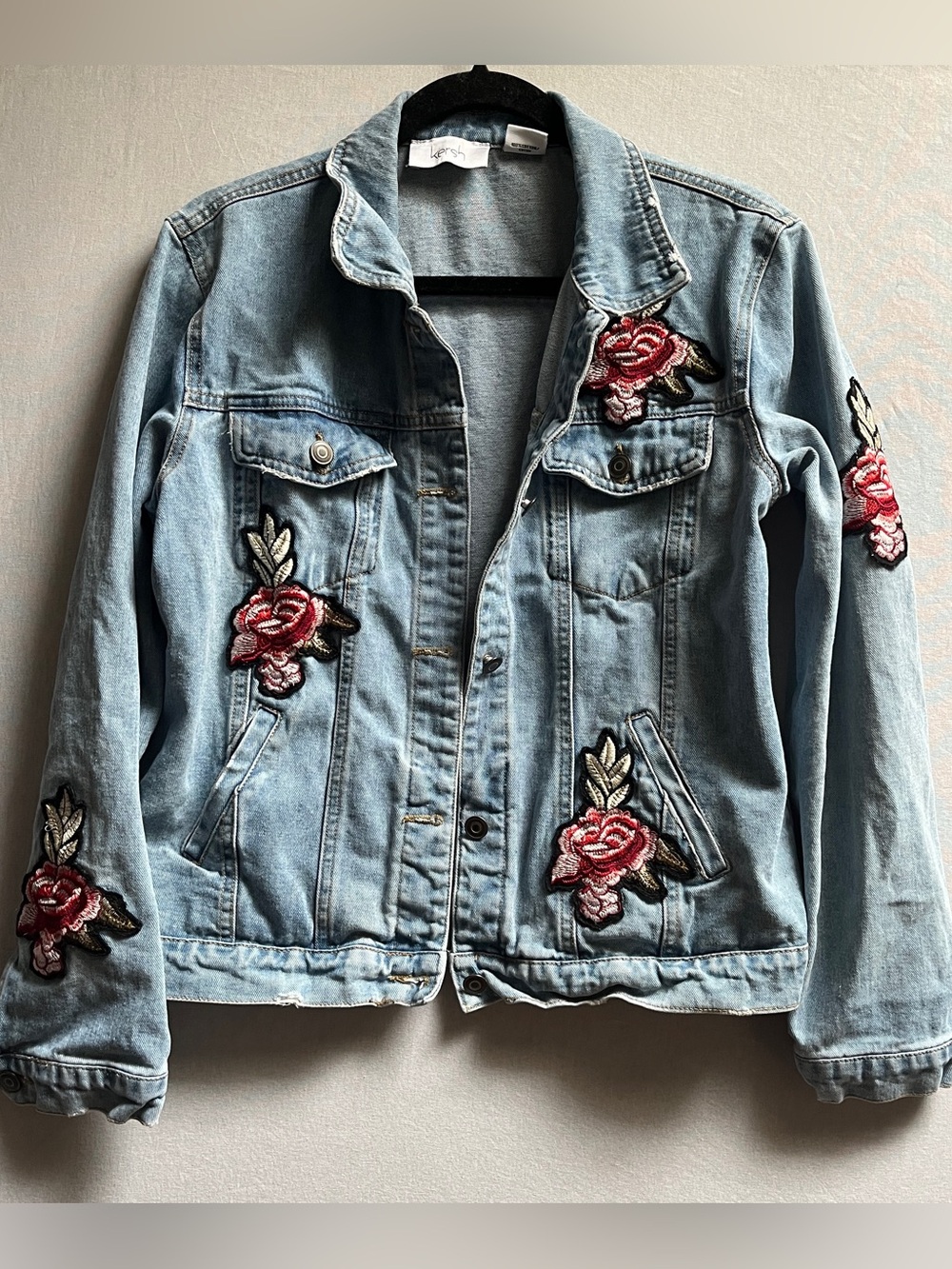 Kersh Rose Floral Embroidered Denim Jean Jacket Size M